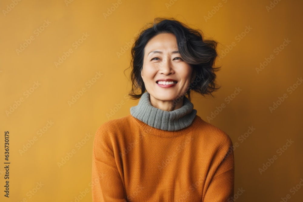 Portrait of a smiling asian woman in sweater standing against yellow background Portrait of a smiling asian woman in sweater standing against yellow background