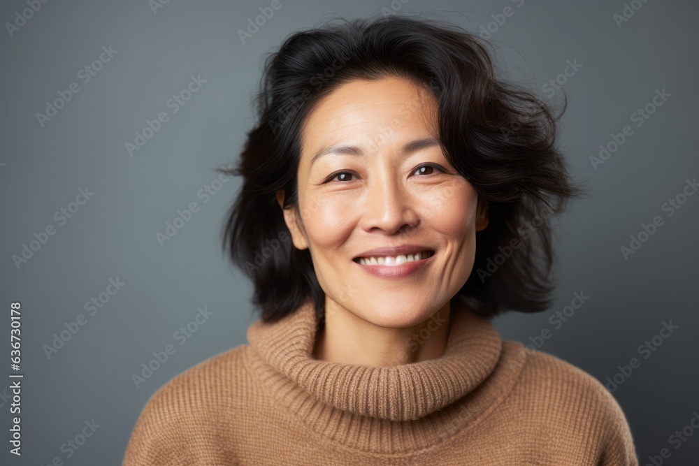 Portrait of a smiling middle-aged Asian woman in a brown sweater Portrait of a smiling middle-aged Asian woman in a brown sweater