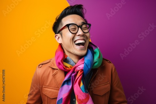 excited young asian man in coat and glasses laughing on colorful background