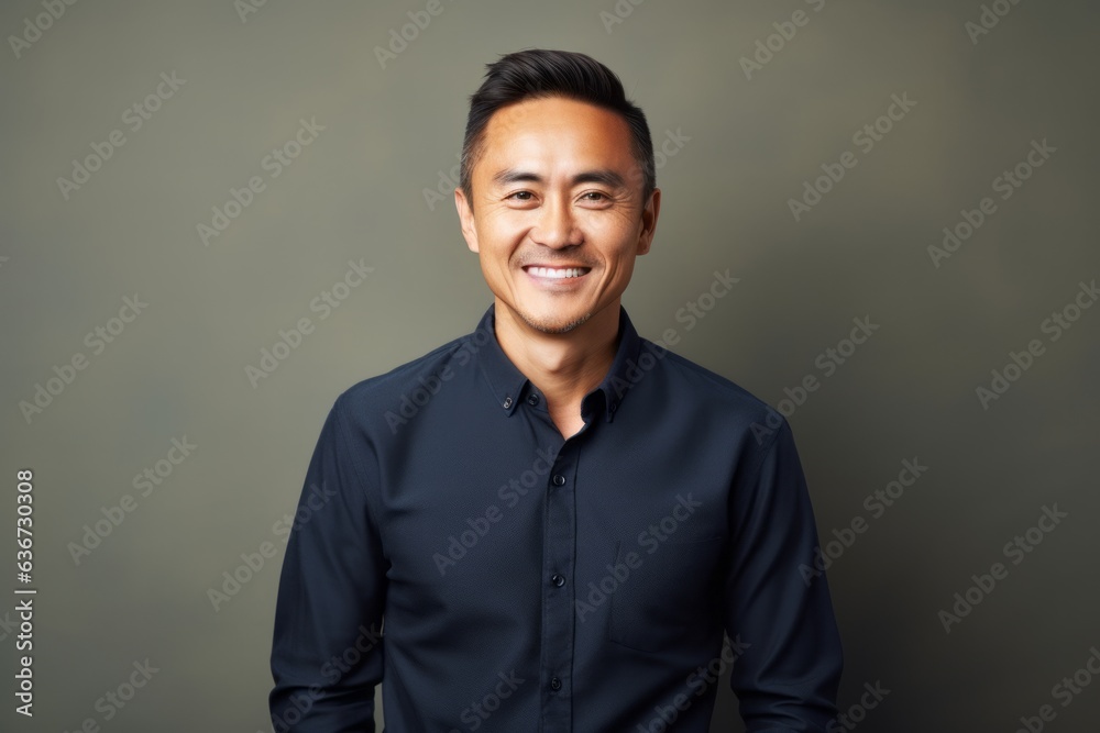 Portrait of a handsome asian man smiling at camera against grey background Portrait of a handsome asian man smiling at camera against grey background