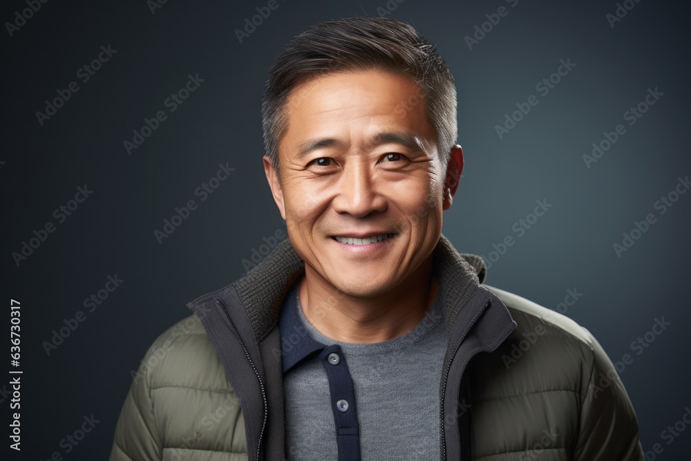 Fototapeta premium Portrait of a happy asian man looking at camera against grey background