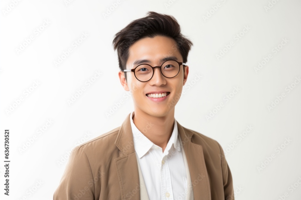 Young handsome asian man wearing eyeglasses smiling on white background