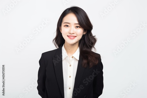 Young businesswoman smiling and looking at camera isolated on white background.