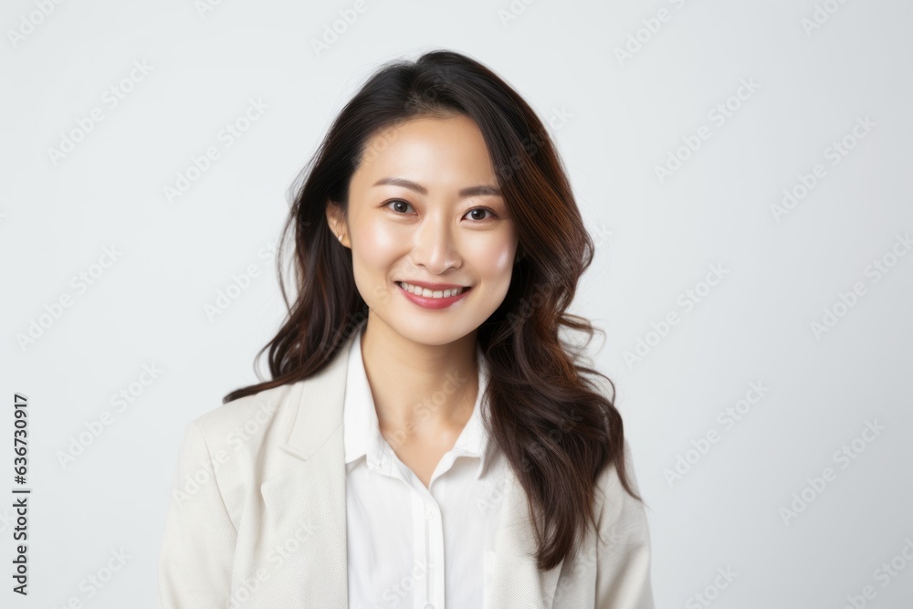 Portrait of a Chinese woman in her 30s in a white background wearing a chic cardigan