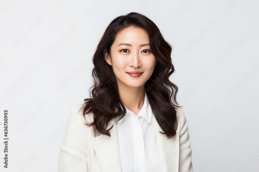 Portrait of a Chinese woman in her 30s in a white background wearing a chic cardigan Portrait of a Chinese woman in her 30s in a white background wearing a chic cardigan