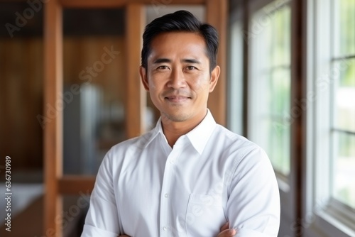 Portrait of confident Asian businessman standing with arms crossed in hotel room