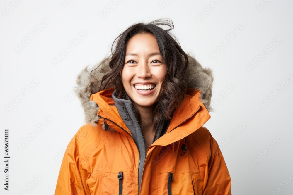 Portrait of a Chinese woman in her 30s in a white background wearing a warm parka Portrait of a Chinese woman in her 30s in a white background wearing a warm parka