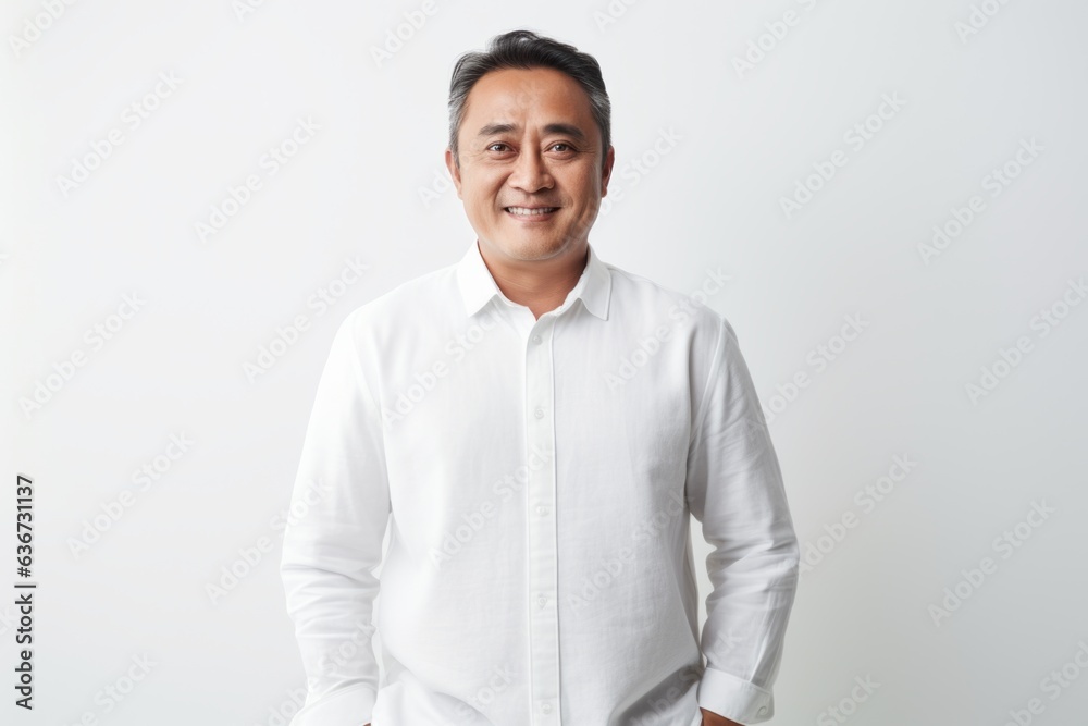 Portrait of smiling mature Asian man in white shirt standing against white background. Portrait of smiling mature Asian man in white shirt standing against white background.