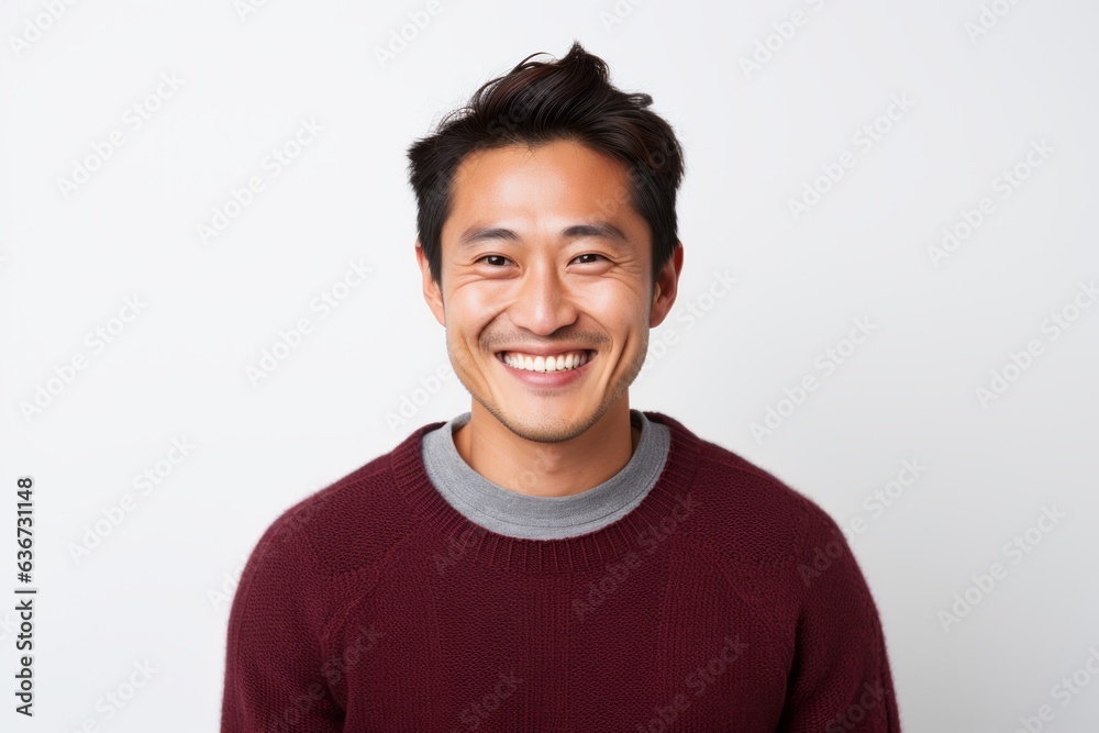 Portrait of a Chinese man in his 30s in a white background wearing a cozy sweater