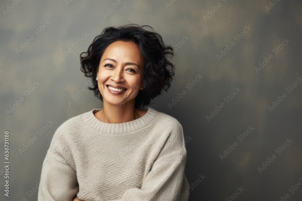 Portrait of a happy young woman standing with arms crossed against grey background Portrait of a happy young woman standing with arms crossed against grey background