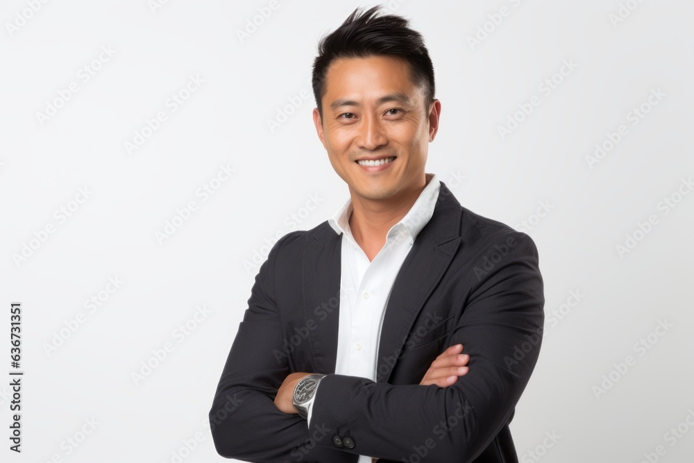Portrait of a Chinese man in his 30s in a white background wearing a chic cardigan Portrait of a Chinese man in his 30s in a white background wearing a chic cardigan