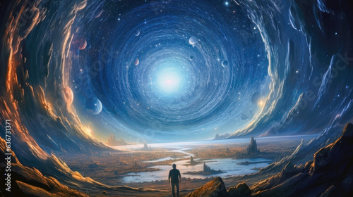 Digital depiction of a space explorer standing alone on a foreign planet, observing through a portal