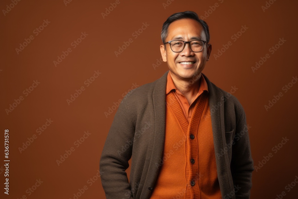 Portrait of Indian asian senior man wearing eyeglasses against brown background Portrait of Indian asian senior man wearing eyeglasses against brown background