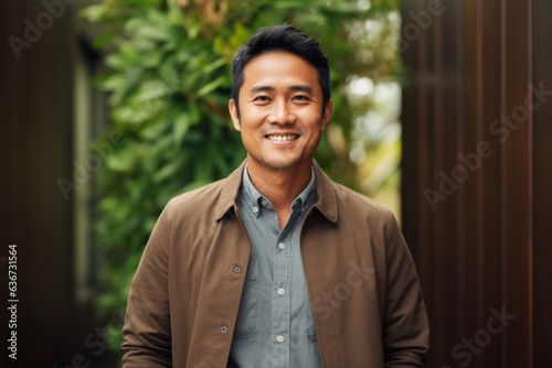 Portrait of a smiling asian man looking at the camera outdoors