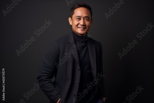 Portrait of young handsome Asian businessman against black backgroun