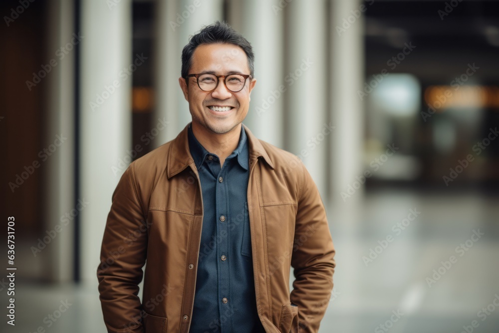 Portrait of a handsome asian man with eyeglasses smiling at the camera