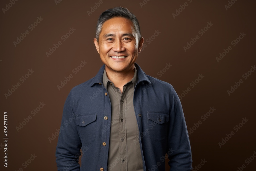 Fototapeta premium Portrait of happy mature Indian man smiling at camera against brown background