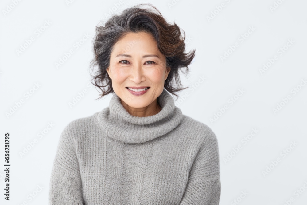 Portrait of a Chinese woman in her 40s in a white background wearing a cozy sweater Portrait of a Chinese woman in her 40s in a white background wearing a cozy sweater