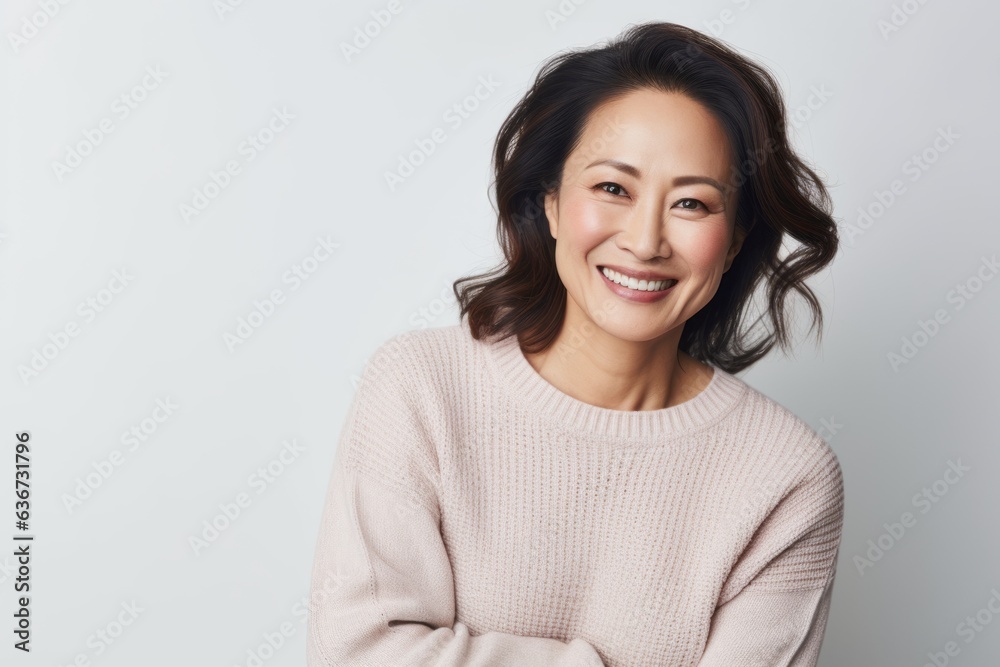 Portrait of a Chinese woman in her 40s in a white background wearing a cozy sweater Portrait of a Chinese woman in her 40s in a white background wearing a cozy sweater