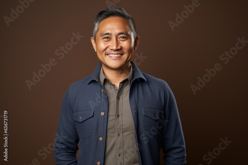 Portrait of happy mature Indian man smiling at camera against brown background