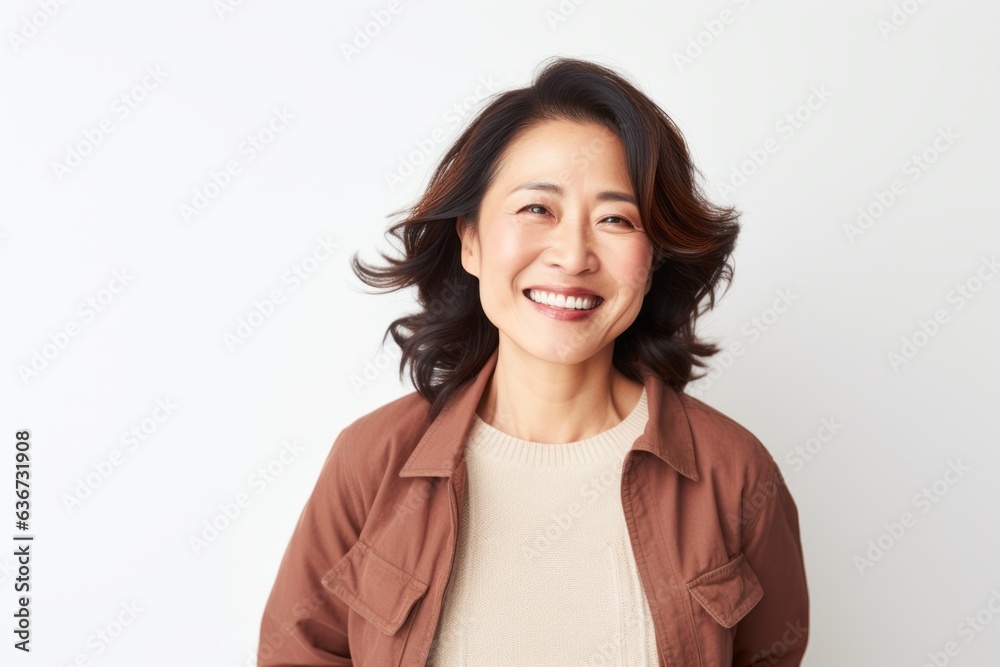 Portrait of a Chinese woman in her 40s in a white background wearing a cozy sweater Portrait of a Chinese woman in her 40s in a white background wearing a cozy sweater