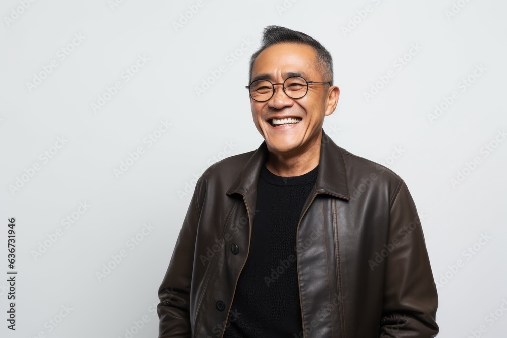 Portrait of smiling asian man in leather jacket and eyeglasses Portrait of smiling asian man in leather jacket and eyeglasses