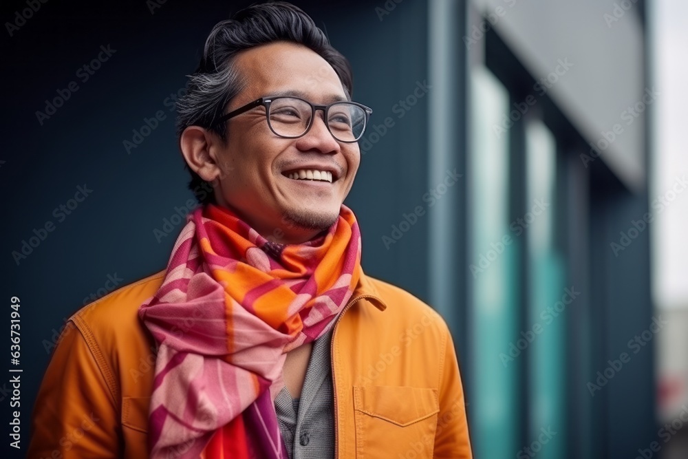 Portrait of a smiling asian man wearing glasses and a scarf