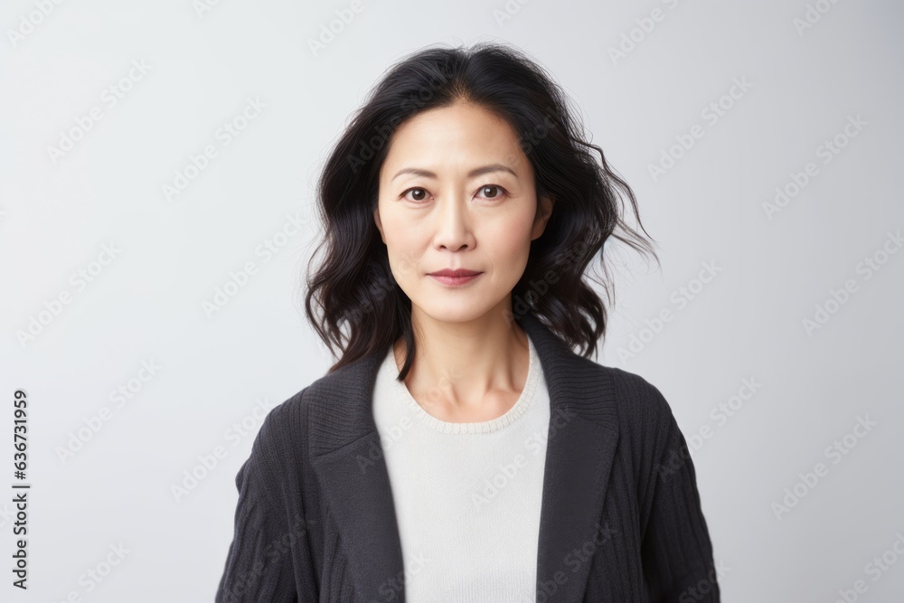 Medium shot portrait of a Chinese woman in her 40s in a white background wearing a chic cardigan Medium shot portrait of a Chinese woman in her 40s in a white background wearing a chic cardigan