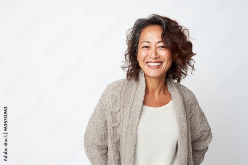 Portrait of a Chinese woman in her 40s in a white background wearing a cozy sweater