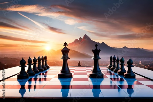 chess pieces on the sunset