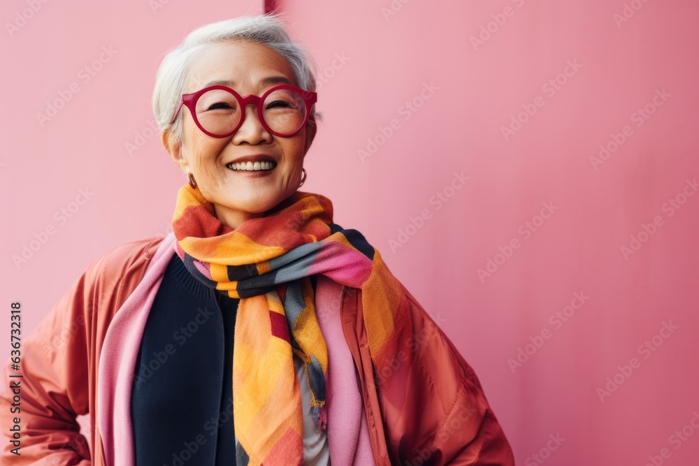 smiling senior asian woman in red glasses looking at camera isolated on pink smiling senior asian woman in red glasses looking at camera isolated on pink