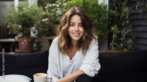 casual relax glamour positive smiling carefree woman peaceful feeling emotion sit in coffeeshop cafe or restaurant decorate with tree plant nature leaf beautiful interior design,ai generate © VERTEX SPACE