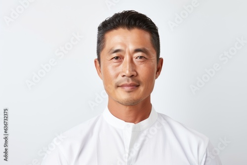 Portrait of asian man in white shirt on white background.