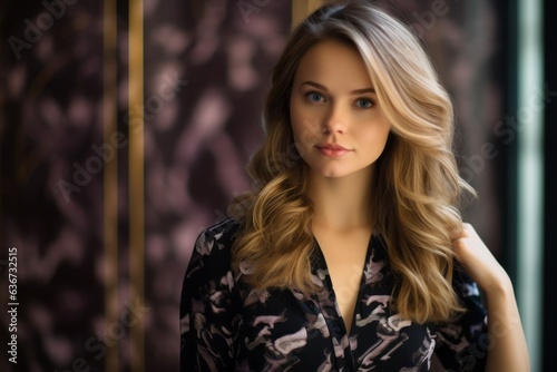Portrait of a beautiful young woman with blond hair in a black dress