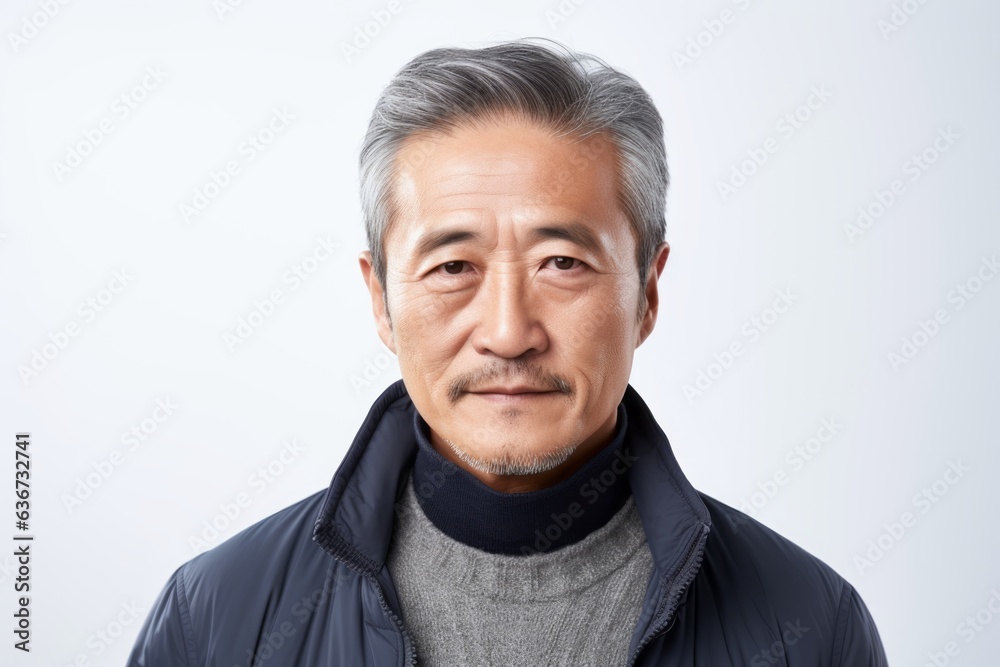 Portrait of a senior asian man with grey hair on white background