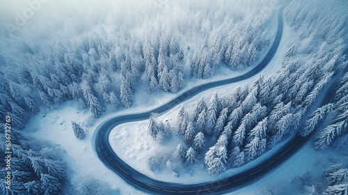 Windy and curvy road in snow covered forest landscape, top down aerial view. © ckybe
