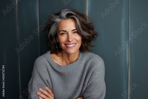 Portrait of a beautiful middle-aged woman with gray hair smiling at the camera