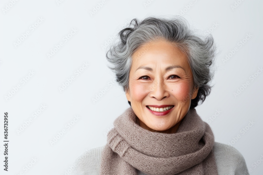 Portrait of a happy senior asian woman wearing scarf and sweater Portrait of a happy senior asian woman wearing scarf and sweater