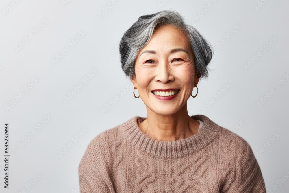 Portrait of a smiling senior asian woman looking at camera over gray background Portrait of a smiling senior asian woman looking at camera over gray background