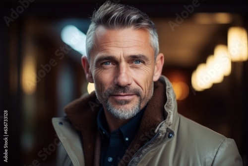 Portrait of handsome mature man in coat looking at camera in city