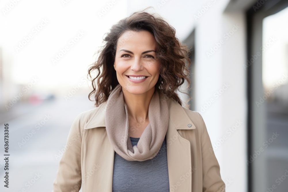portrait of smiling middle aged woman in beige coat and scarf