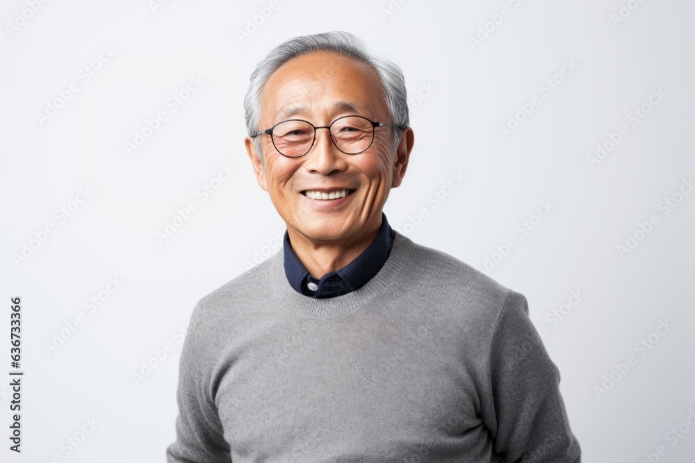 Portrait of happy asian senior man in grey sweater and glasses Portrait of happy asian senior man in grey sweater and glasses