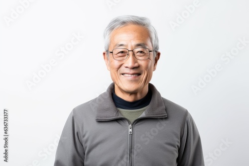Portrait of happy asian senior man in grey hoodie and glasses