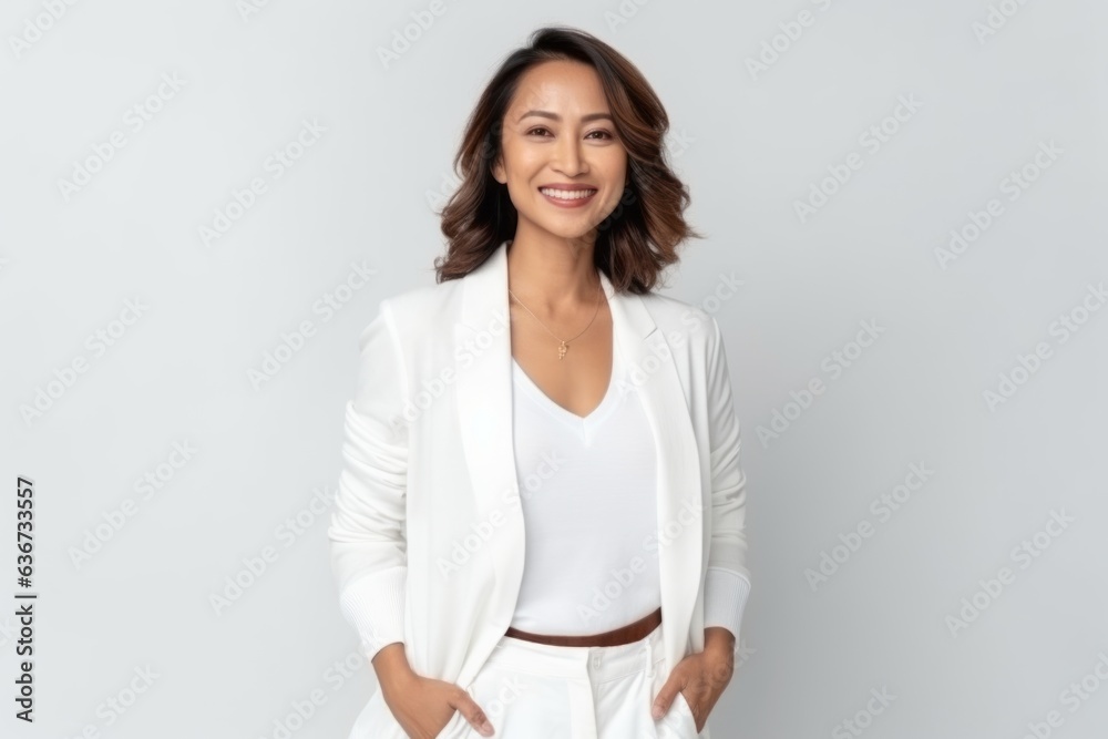 Smiling businesswoman in white jacket posing isolated over white background.