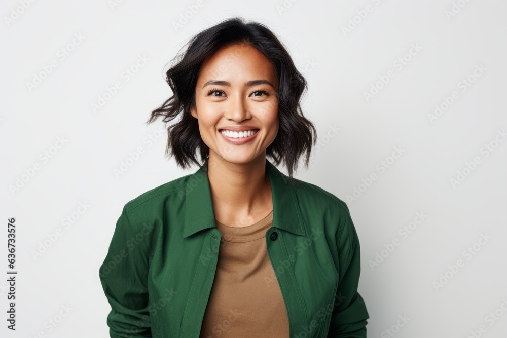 Portrait of smiling young asian woman looking at camera over white background