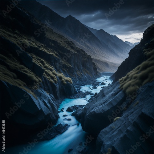 A crystal clear river cascades through the rugged terrain of Skippers Canyon in Otago, New Zealand, with a misty morning fog settling over the mountains.