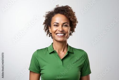 Portrait of a Brazilian woman in her 40s in a white background wearing a sporty polo shirt