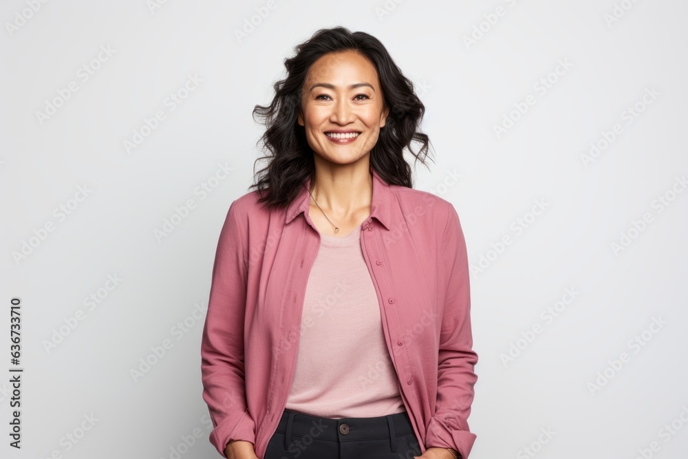 Portrait of a smiling businesswoman standing with hands in pockets over white background Portrait of a smiling businesswoman standing with hands in pockets over white background