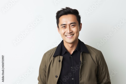 Portrait of a happy young asian man smiling on white background