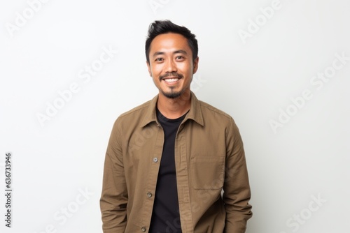 Young handsome asian man against white wall smiling and looking to the side